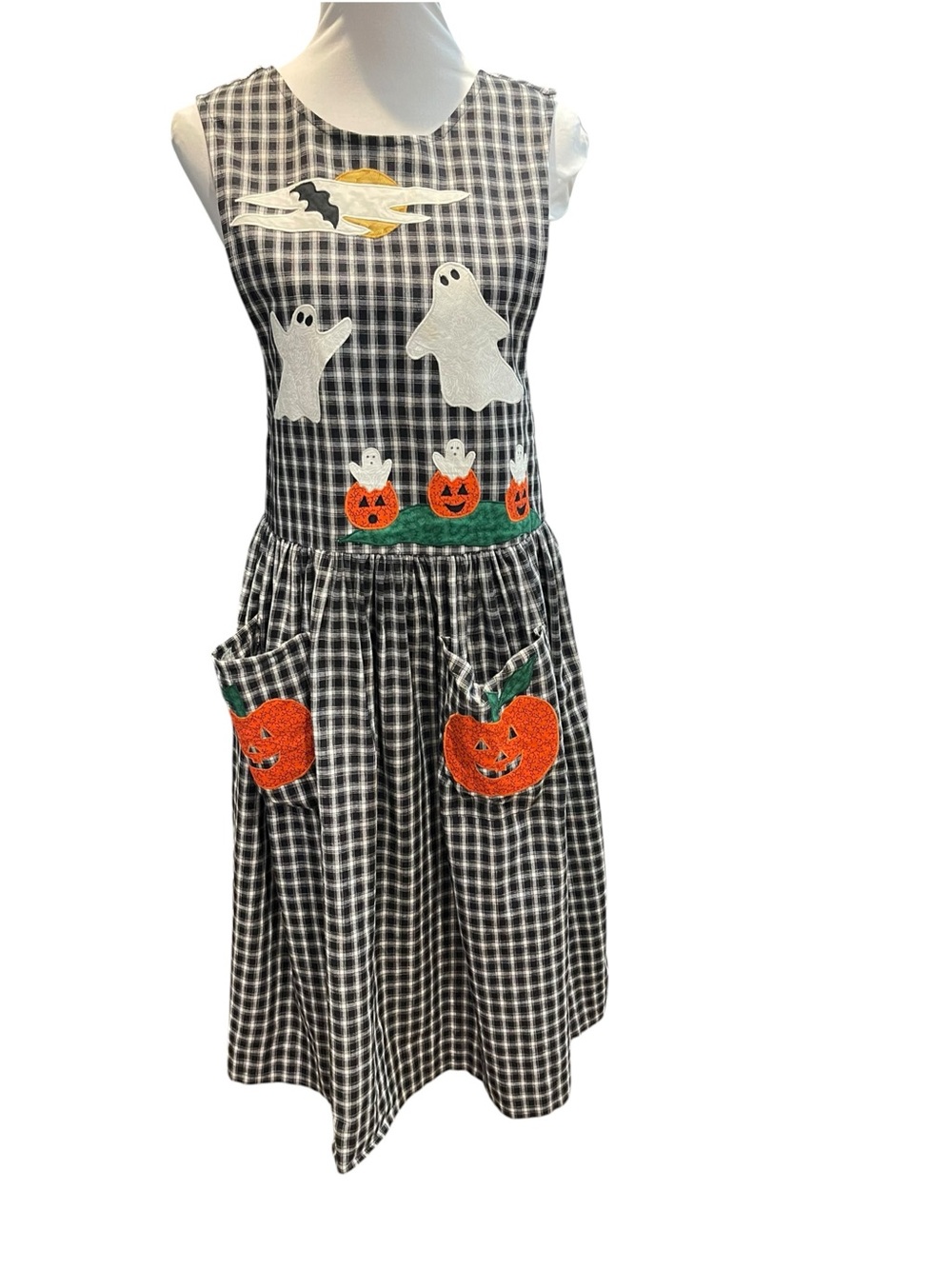Calico Collectables Plaid Halloween Appliqué Jumper Dress Black White SZ XS